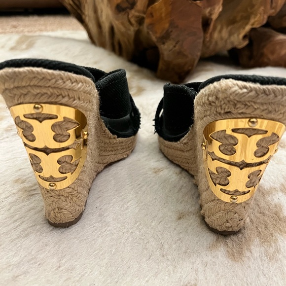 Tory Burch Kristen Black Canvas Espadrille Wedges - Picture 2 of 9